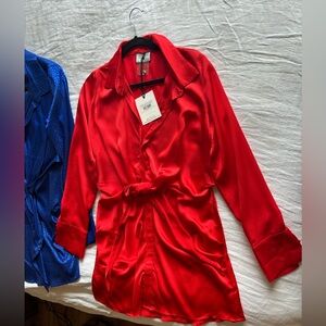 Runaway The Label Red Satin Tie-Waist Shirt Dress